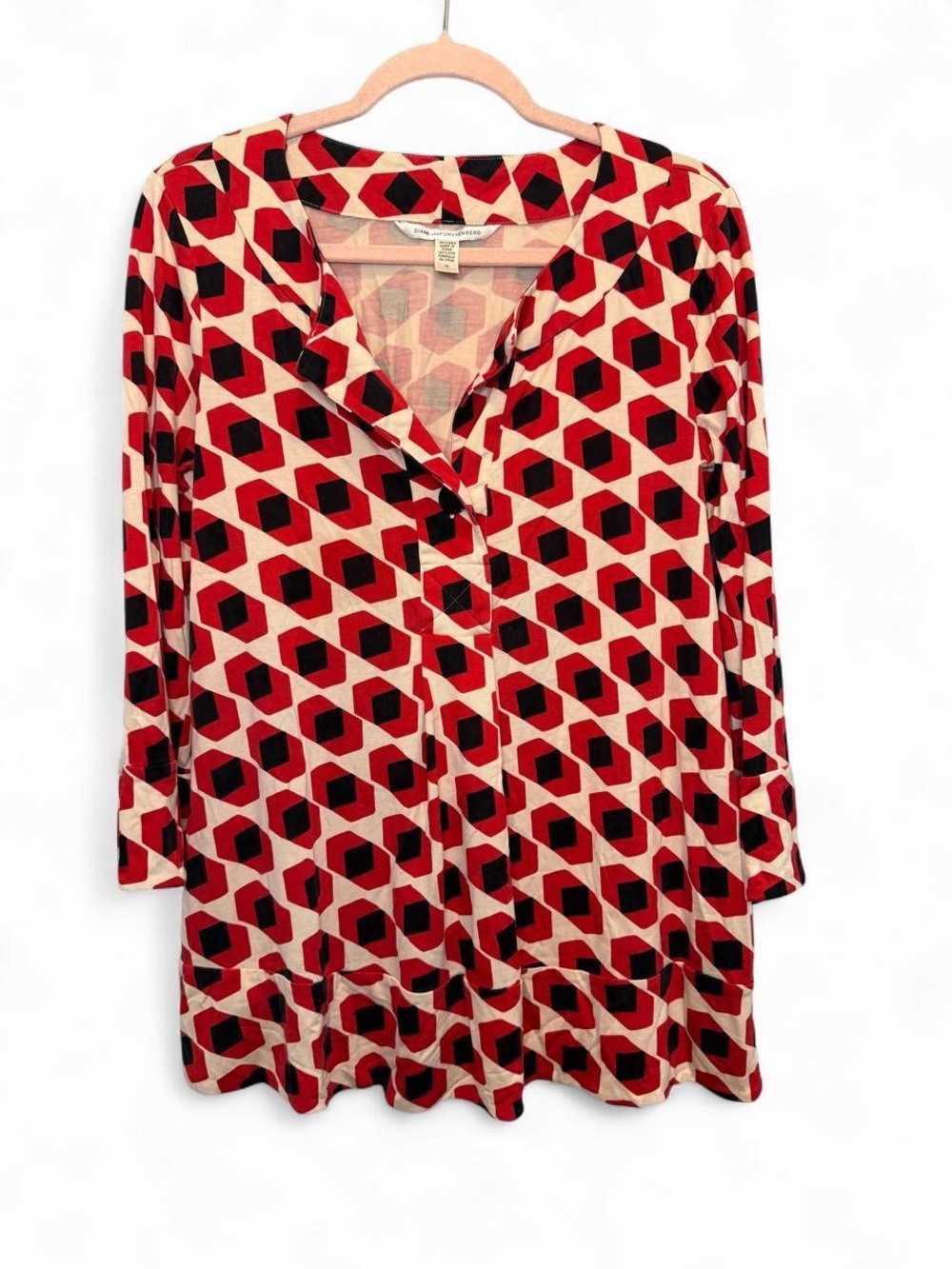 DVF Diane von Furstenberg Silk Geometric Cube Print Tunic Top Blouse Size 12